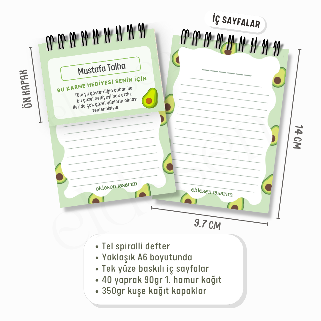 Avokadolu Spiralli A6 Defter - İsme Özel Karne Hediyesi resmi