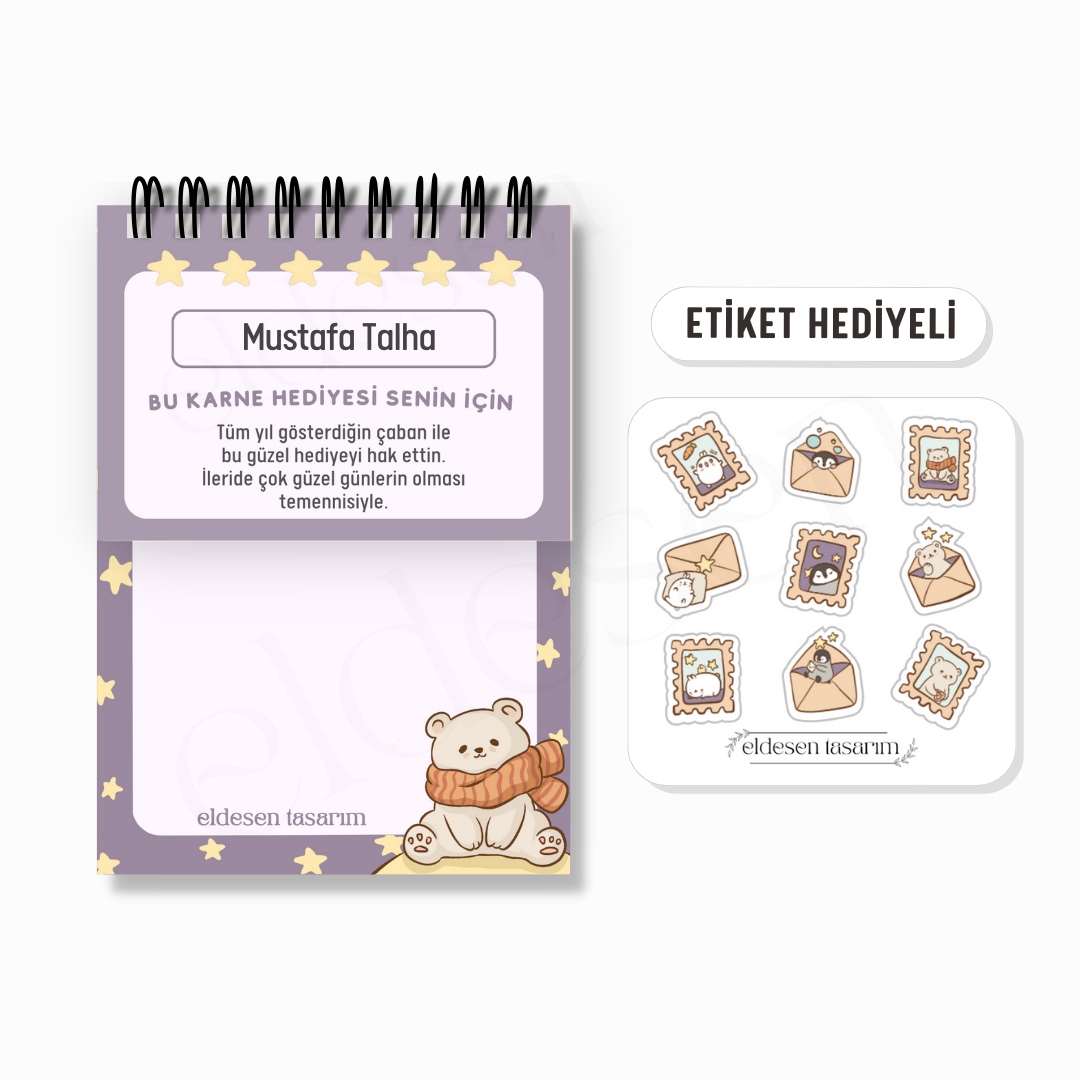 Ayılı Yıldızlı Spiralli A6 Defter - İsme Özel Karne Hediyesi resmi