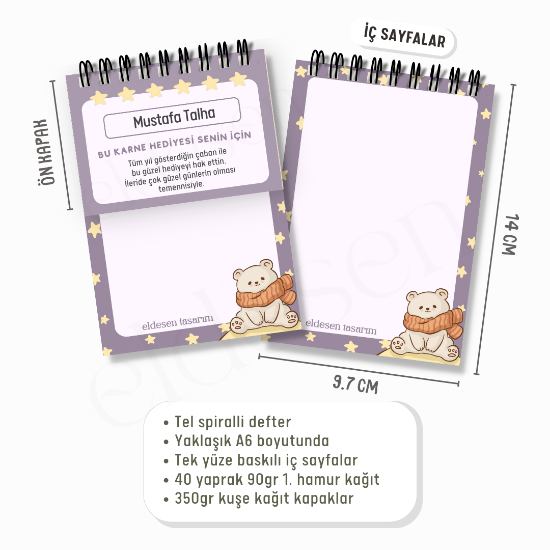 Ayılı Yıldızlı Spiralli A6 Defter - İsme Özel Karne Hediyesi resmi