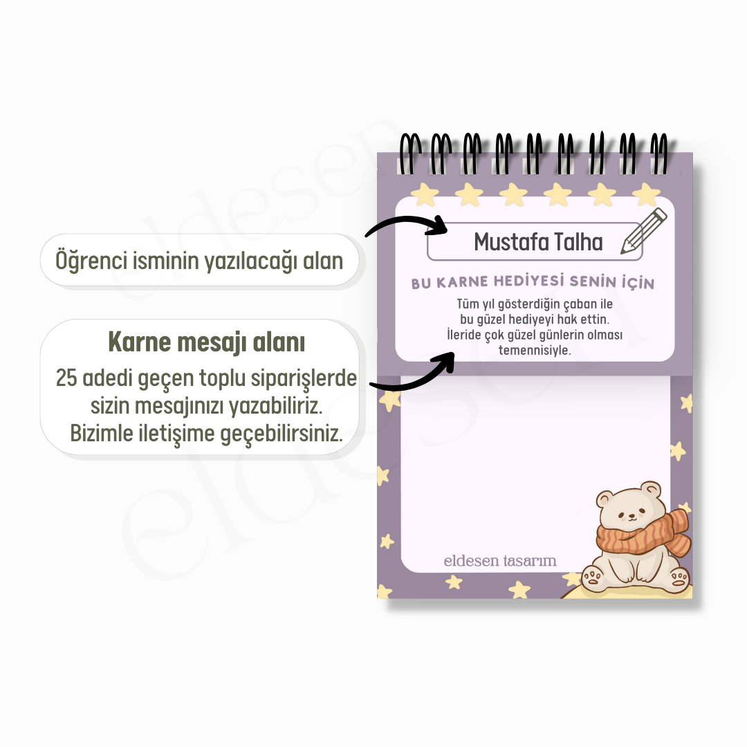 Ayılı Yıldızlı Spiralli A6 Defter - İsme Özel Karne Hediyesi resmi