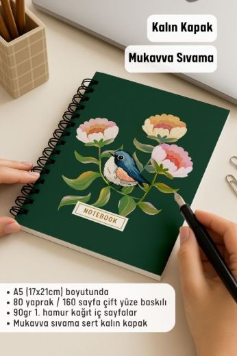 Yeşil Kuşlu Kalın Kapaklı A5 Defter resmi