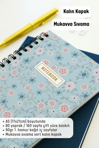 Mavi Çiçekli Kalın Kapaklı A5 Defter resmi