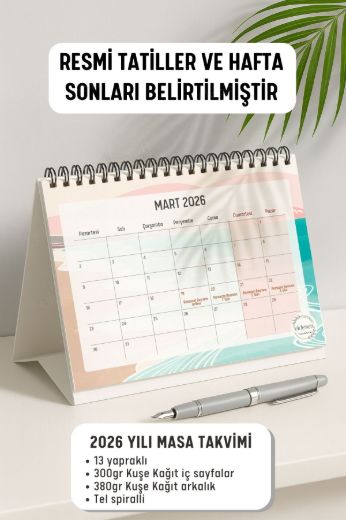 Pembe Boho 2026 Yılı Aylık Masa Takvimi Spiralli A5 resmi