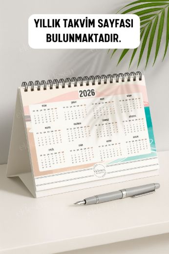 Pembe Boho 2026 Yılı Aylık Masa Takvimi Spiralli A5 resmi