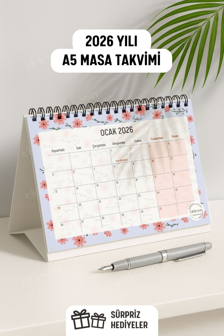 Pembe Mavi Çiçek 2026 Yılı Aylık Masa Takvimi Spiralli A5 resmi