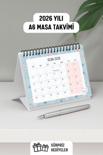 Mavi Çiçekli 2026 Yılı Aylık Masa Takvimi Spiralli A6 resmi