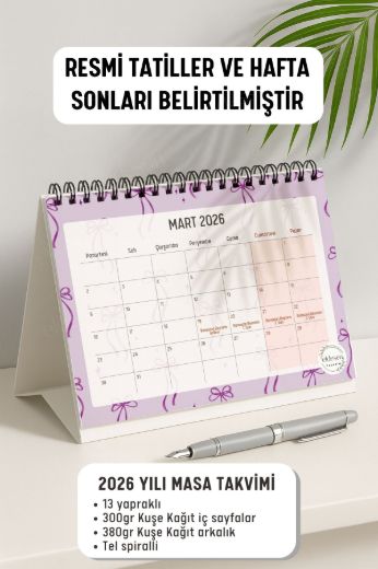 Mor Fiyonk 2026 Yılı Aylık Masa Takvimi Spiralli A5 resmi