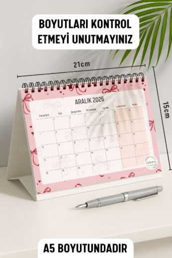 Pembe Fiyonk 2026 Yılı Aylık Masa Takvimi Spiralli A5 resmi