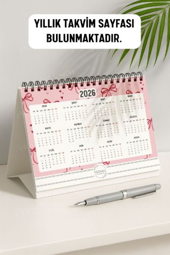 Pembe Fiyonk 2026 Yılı Aylık Masa Takvimi Spiralli A5 resmi