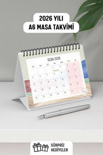 Mavi Boho 2026 Yılı Aylık Masa Takvimi Spiralli A6 resmi