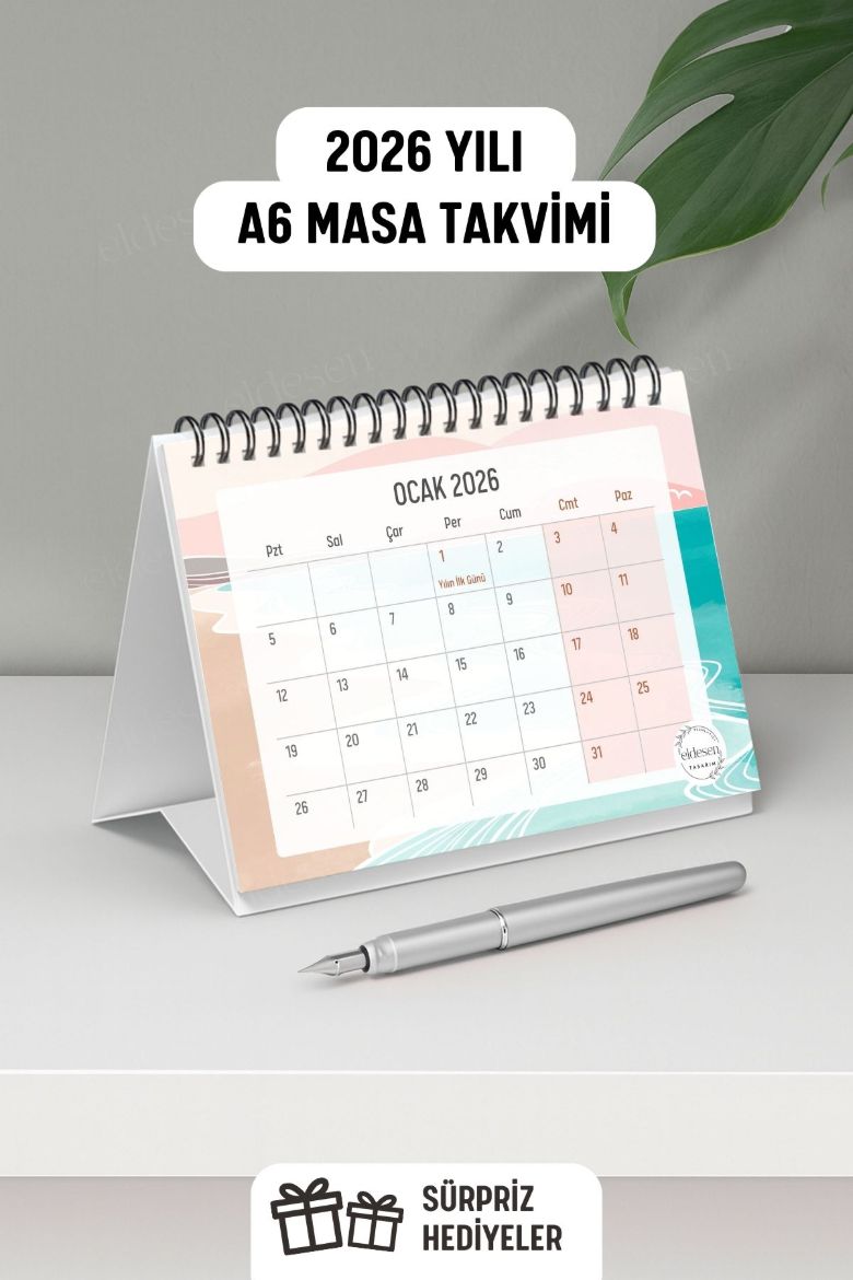 Pembe Boho 2026 Yılı Aylık Masa Takvimi Spiralli A6 resmi