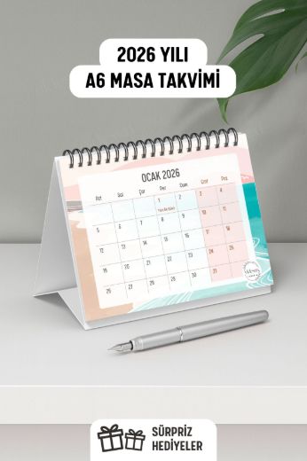 Pembe Boho 2026 Yılı Aylık Masa Takvimi Spiralli A6 resmi
