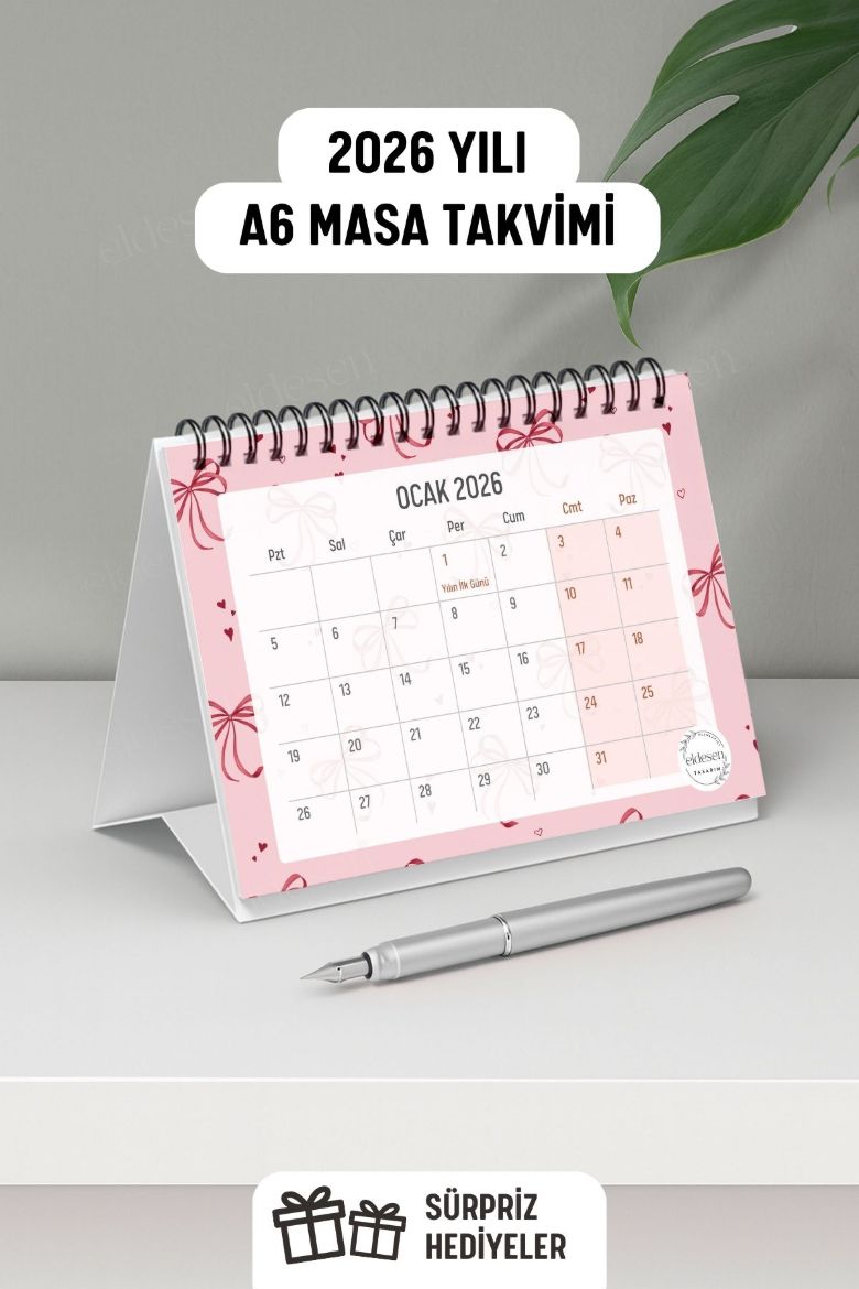 Pembe Fiyonk 2026 Yılı Aylık Masa Takvimi Spiralli A6 resmi