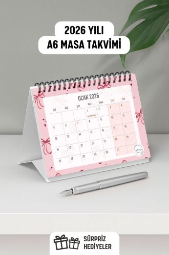 Pembe Fiyonk 2026 Yılı Aylık Masa Takvimi Spiralli A6 resmi