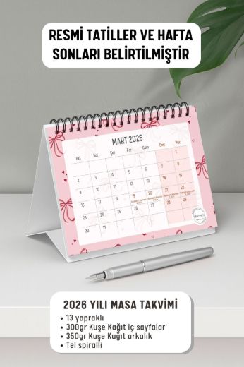 Pembe Fiyonk 2026 Yılı Aylık Masa Takvimi Spiralli A6 resmi