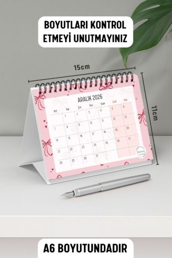 Pembe Fiyonk 2026 Yılı Aylık Masa Takvimi Spiralli A6 resmi