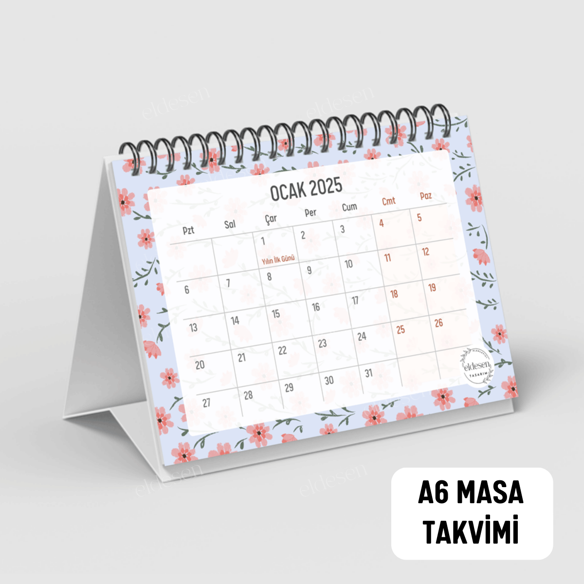 Pembe Çiçekli 2025 Yılı Aylık Masa Takvimi Spiralli A6 resmi