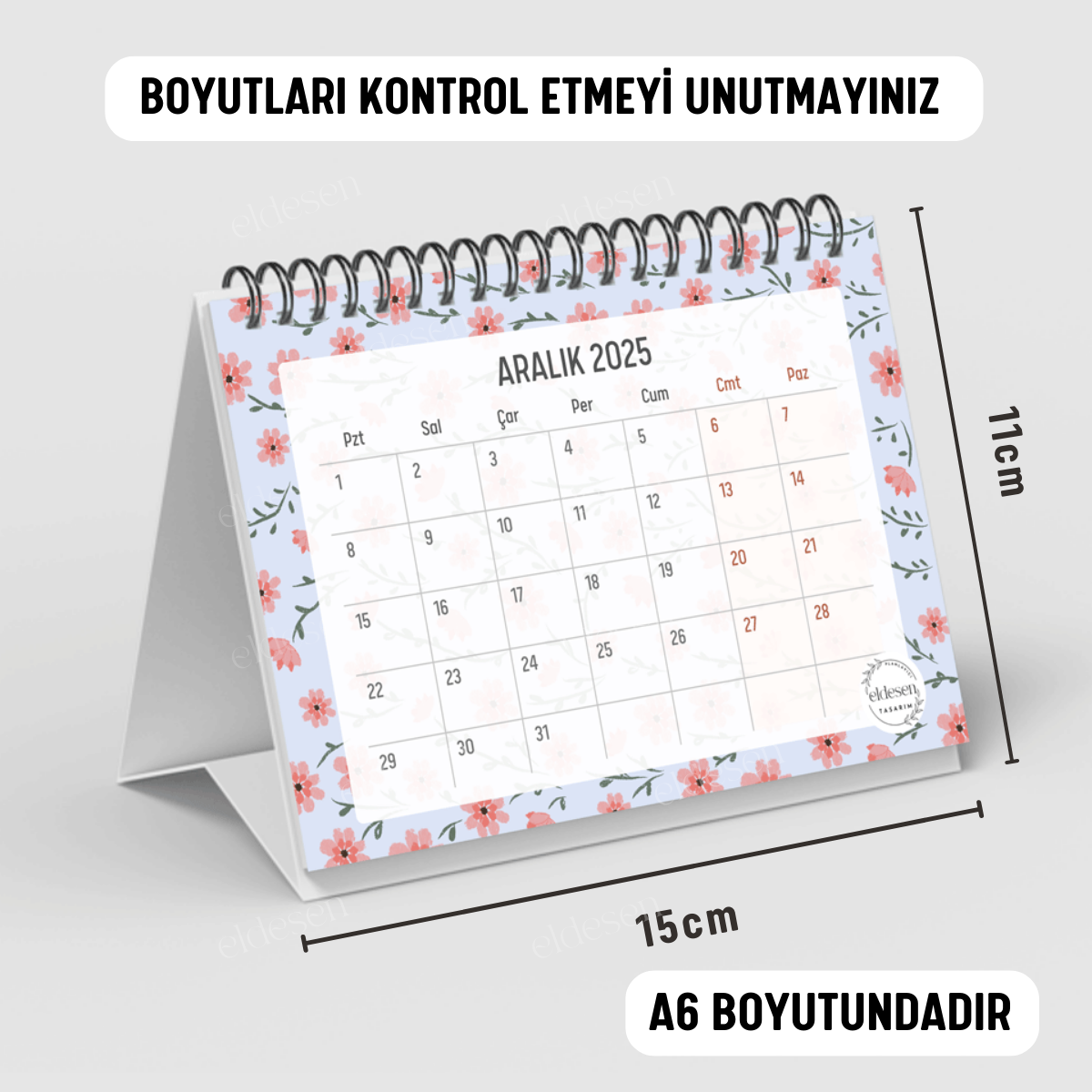 Pembe Çiçekli 2025 Yılı Aylık Masa Takvimi Spiralli A6 resmi