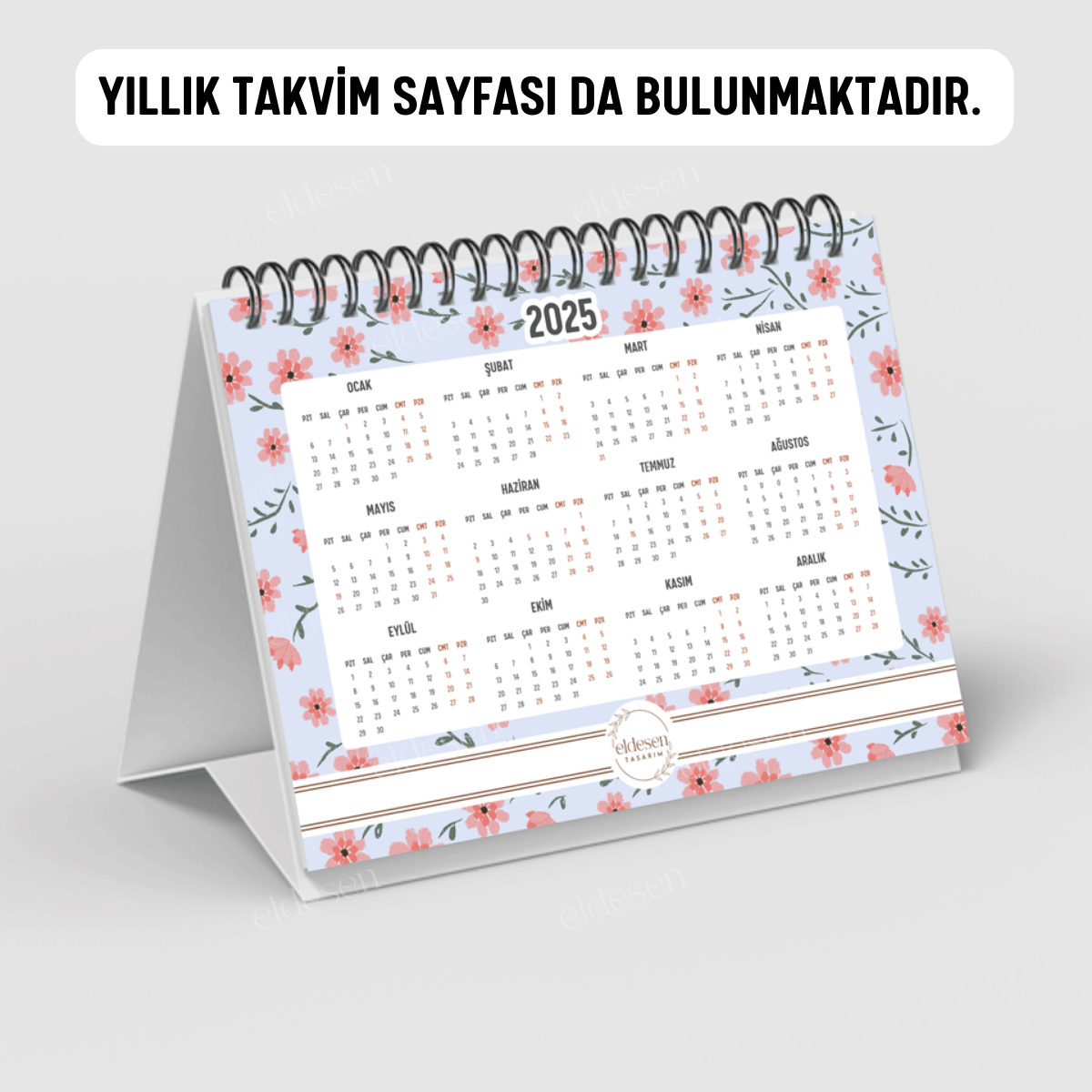 Pembe Çiçekli 2025 Yılı Aylık Masa Takvimi Spiralli A6 resmi