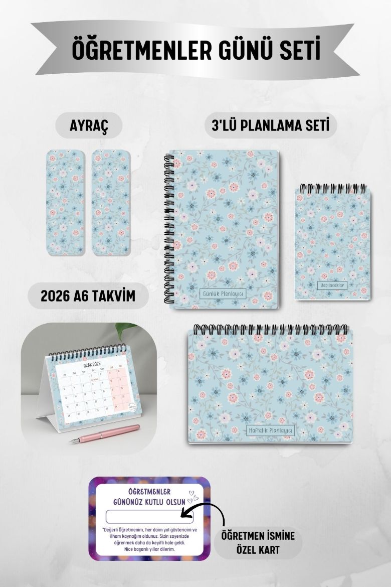 Mavi Çiçek 3'lü Planlama Seti ve A6 Takvim / Öğretmenler Günü resmi