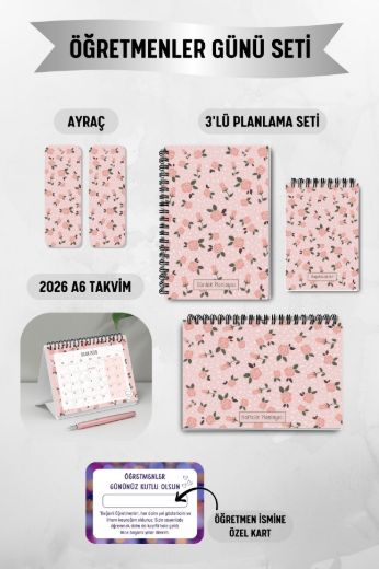 Pembe Çiçek 3'lü Planlama Seti ve A6 Takvim / Öğretmenler Günü resmi