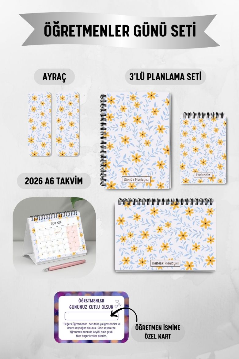 Sarı Papatya 3'lü Planlama Seti ve A6 Takvim / Öğretmenler Günü resmi