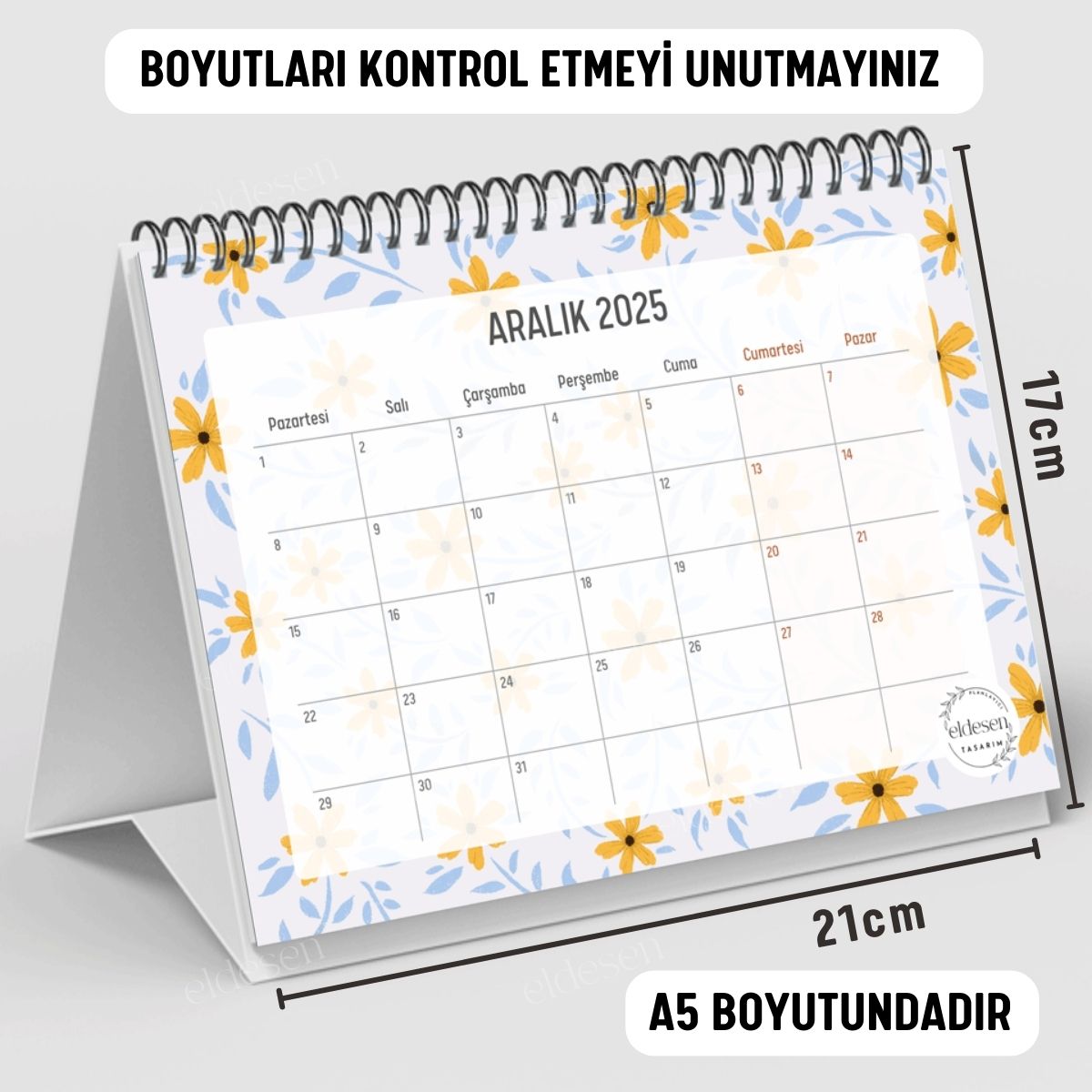 Sarı Papatya 2025 Yılı Aylık Masa Takvimi Spiralli A5 resmi