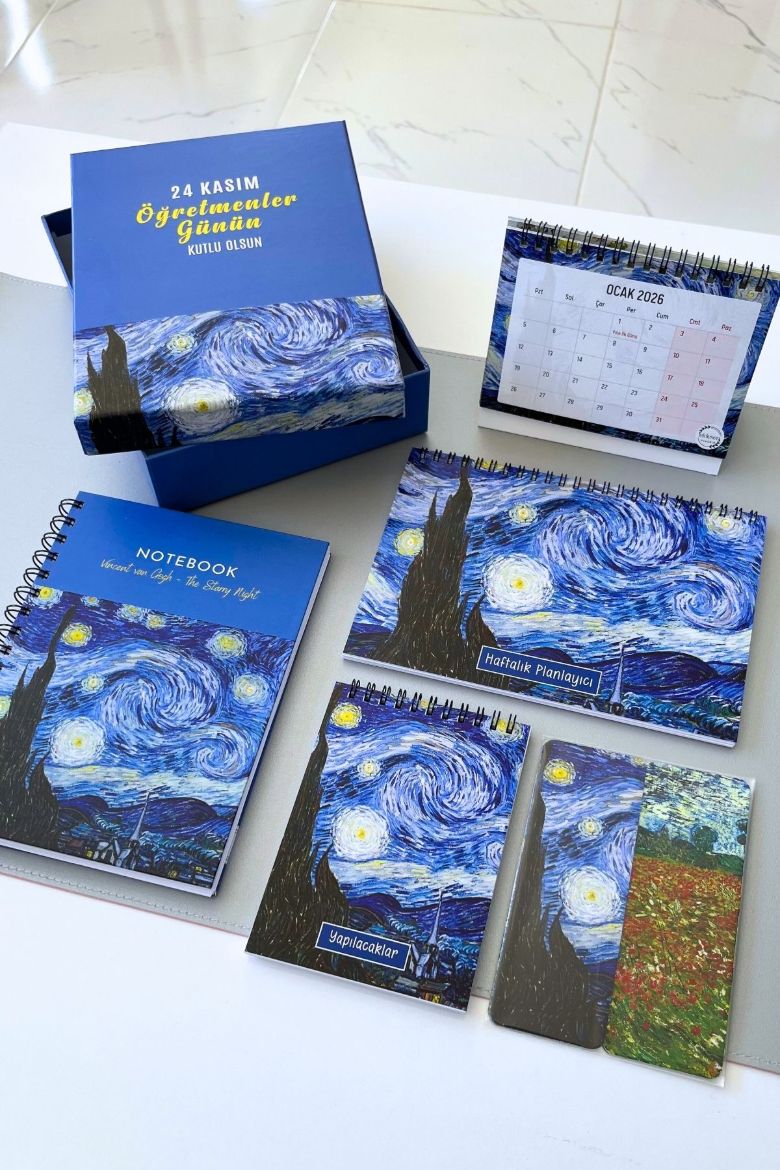 Van Gogh Yıldızlı Bir Gece Kutulu Öğretmenler Günü Seti resmi