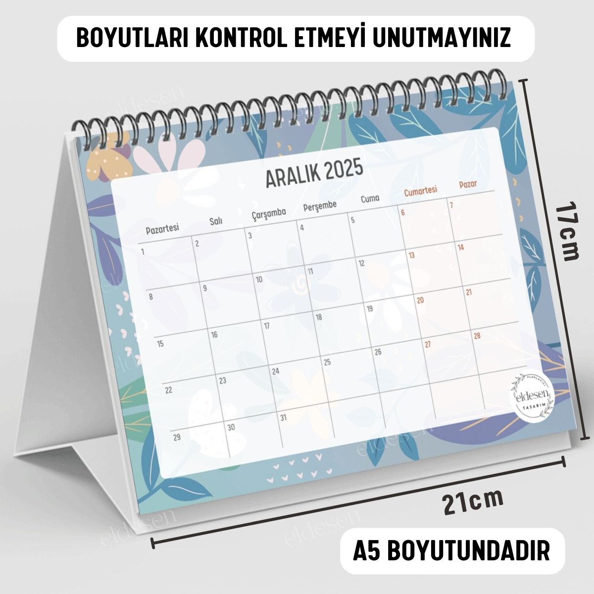 Mavi Papatya 2025 Yılı Aylık Masa Takvimi Spiralli A5 resmi