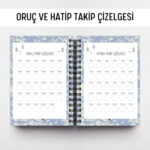 Mavi Ebru Ramazan Ajandası, Oruç, Hatim, Teravih, Günlük ve Aylık Planlayıcı resmi