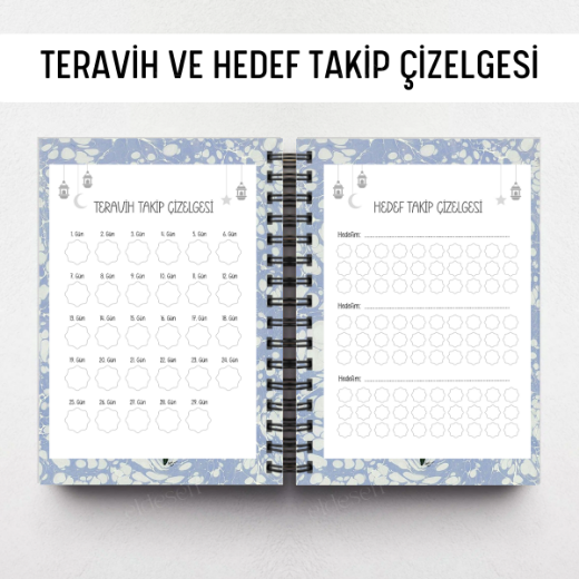 Mavi Ebru Ramazan Ajandası, Oruç, Hatim, Teravih, Günlük ve Aylık Planlayıcı resmi