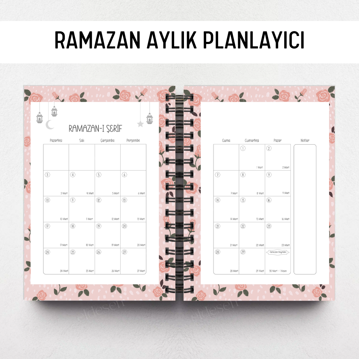 Pembe Çiçekli Ramazan Ajandası, Oruç, Hatim, Teravih, Günlük ve Aylık Planlayıcı resmi