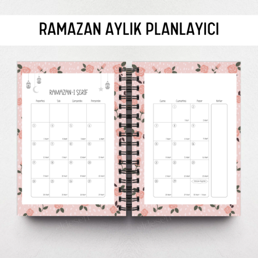 Pembe Çiçekli Ramazan Ajandası, Oruç, Hatim, Teravih, Günlük ve Aylık Planlayıcı resmi