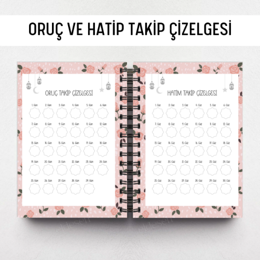 Pembe Çiçekli Ramazan Ajandası, Oruç, Hatim, Teravih, Günlük ve Aylık Planlayıcı resmi