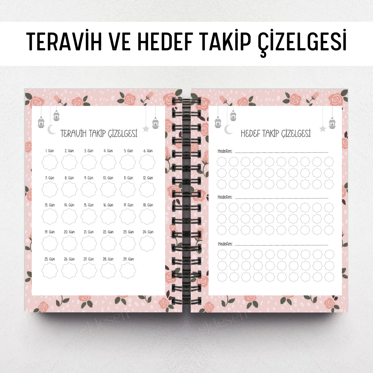 Pembe Çiçekli Ramazan Ajandası, Oruç, Hatim, Teravih, Günlük ve Aylık Planlayıcı resmi