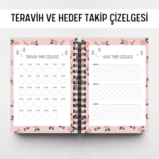 Pembe Çiçekli Ramazan Ajandası, Oruç, Hatim, Teravih, Günlük ve Aylık Planlayıcı resmi