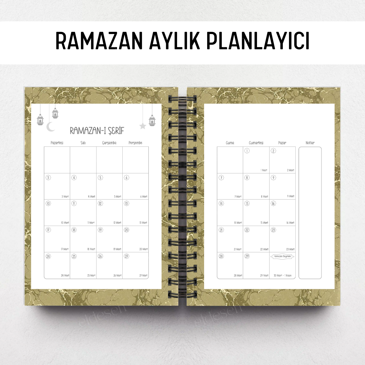 Yeşil Ebru Ramazan Ajandası, Oruç, Hatim, Teravih, Günlük ve Aylık Planlayıcı resmi