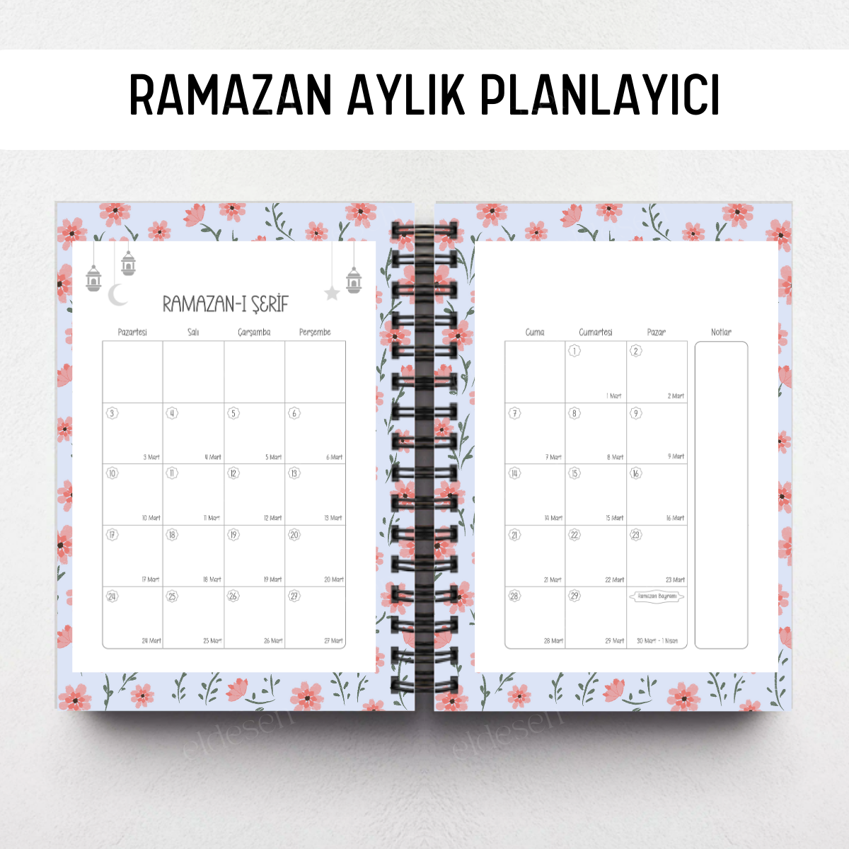 Mavi Çiçekli Ramazan Ajandası, Oruç, Hatim, Teravih, Günlük ve Aylık Planlayıcı resmi