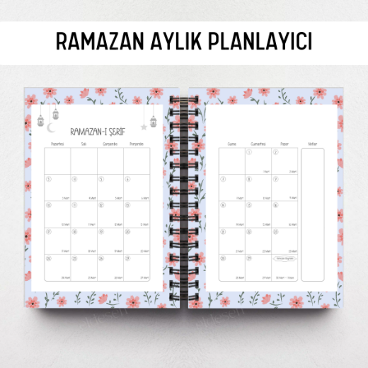 Mavi Çiçekli Ramazan Ajandası, Oruç, Hatim, Teravih, Günlük ve Aylık Planlayıcı resmi