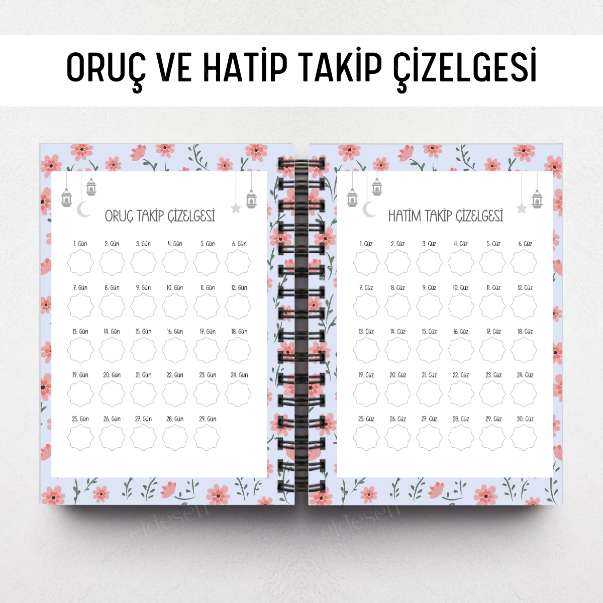 Mavi Çiçekli Ramazan Ajandası, Oruç, Hatim, Teravih, Günlük ve Aylık Planlayıcı resmi