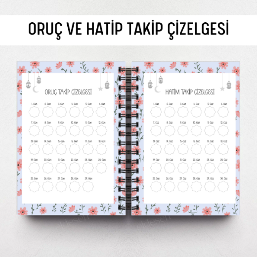Mavi Çiçekli Ramazan Ajandası, Oruç, Hatim, Teravih, Günlük ve Aylık Planlayıcı resmi