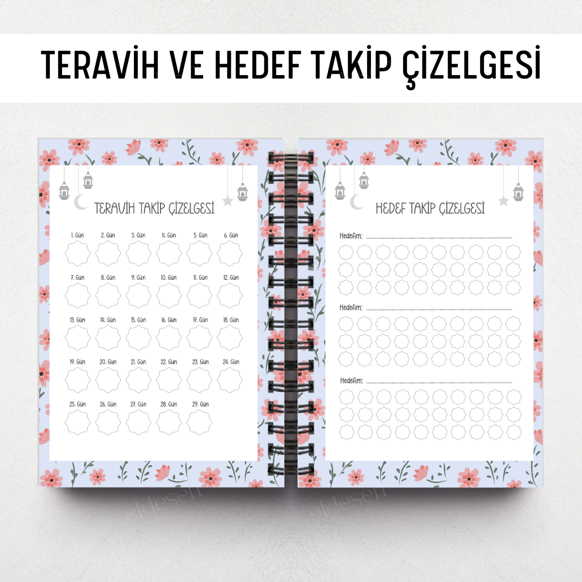 Mavi Çiçekli Ramazan Ajandası, Oruç, Hatim, Teravih, Günlük ve Aylık Planlayıcı resmi