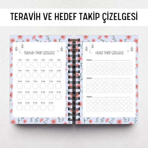 Mavi Çiçekli Ramazan Ajandası, Oruç, Hatim, Teravih, Günlük ve Aylık Planlayıcı resmi
