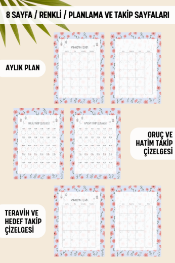 Mavi Çiçekli Ramazan Ajandası, Oruç, Hatim, Teravih, Günlük ve Aylık Planlayıcı resmi