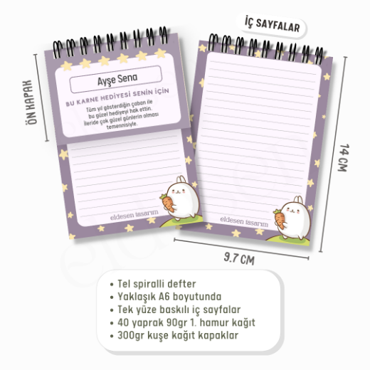 30 Yaprak Tavşanlar Spiralli A6 Defter - İsme Özel Karne Hediyesi resmi