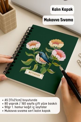 Yeşil Kuşlu Kalın Kapaklı A5 Defter resmi