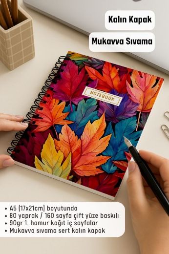 Renkli Yapraklı Kalın Kapaklı A5 Defter resmi