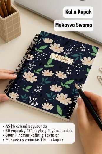 Koyu Papatyalı Kalın Kapaklı A5 Defter resmi