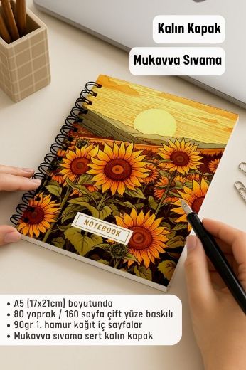 Ay Çiçekli Kalın Kapaklı A5 Defter resmi