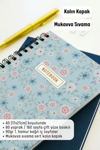 Mavi Çiçekli Kalın Kapaklı A5 Defter resmi